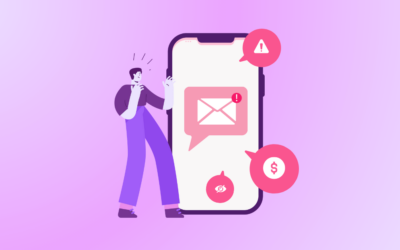 Illustration of a person with a mobile phone displaying messaging icons representing SMS fraud: email, warning sign, dollar sign, and hidden eye.