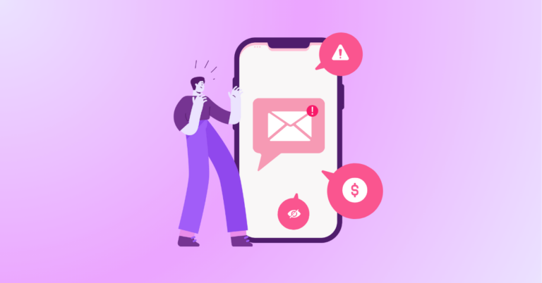 Illustration of a person with a mobile phone displaying messaging icons representing SMS fraud: email, warning sign, dollar sign, and hidden eye.