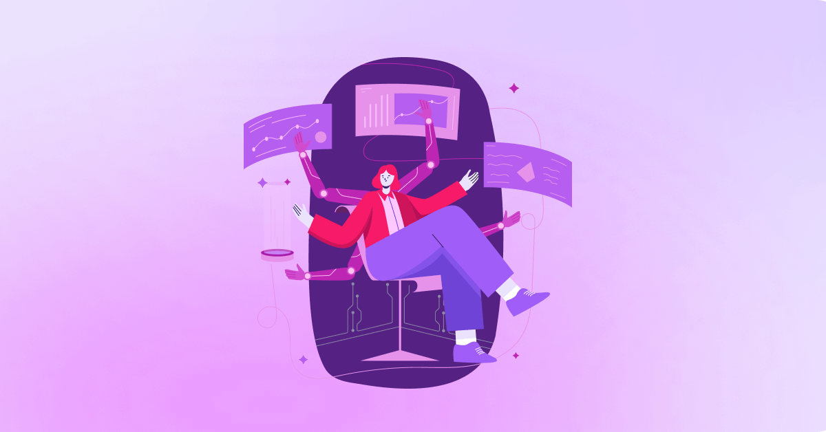 This image shows an illustration of an employee with icons showing the time-saving impact that automation can have.